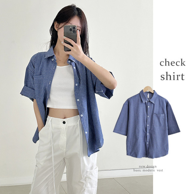 [빈티지체크]독보적색감 스트릿무드 써니블루체크오버핏반팔셔츠CT