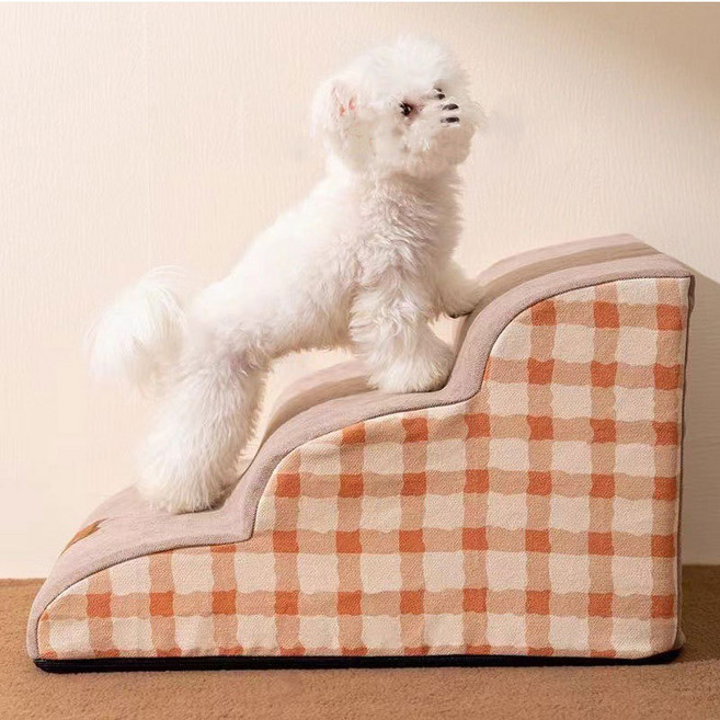 寵物樓梯 幼犬小型犬適用 墊子可拆洗, 1個, 小熊格子两阶梯（40*40*30）