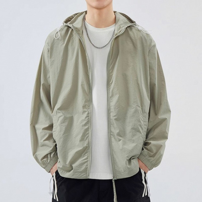 ANYOU 남성 봄 여름 바람막이 초경량 오버핏 후드 집업 점퍼