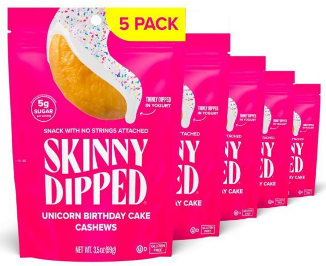 SKINNYDIPPED 케이크 스낵 스키니디프드 유니콘 생일 캐슈 건강 간식 식물성 단백질 글루텐 프리 3.5온스 재밀봉 가능 파우치 5개 묶음, 3.5 온스 (5개 묶음), 유니콘 생일 케이크