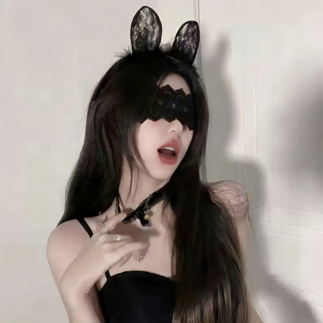 레이스 고양이 귀 안대 방울 초커 3종 세트 파티 코스튬