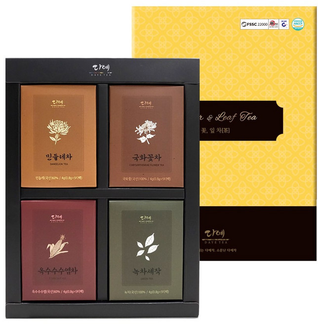 [본사직영] 다예 100% 국산 꽃잎차 4종 선물세트+쇼핑백 (20티백) 국화꽃차+민들레차+녹차세작+옥수수수염차, 2세트