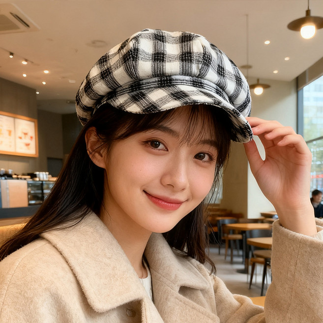 여성 빈티지 체크 팔각모 면 린넨 통기성 소두 효과 베레모