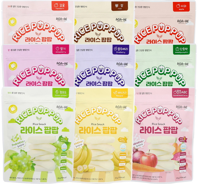 아가애 라이스팝팝 유기농쌀떡뻥 6종 [원산지:국산], 120g, 1세트, 단호박, 바나나, 청포도, 감귤, ABC, 사과
