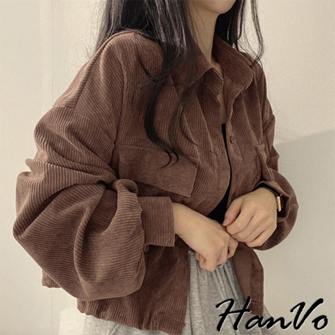 HanVo 復古短版雙口袋燈芯絨襯衫 - 韓系寬鬆百搭休閒秋冬襯衫外套