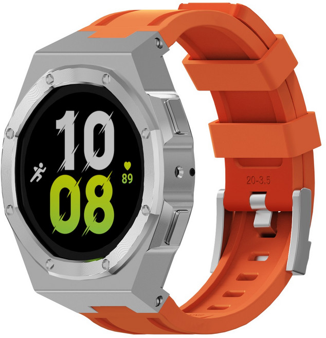 호환 갤럭시워치7 일체형 실리콘 스트랩 개조 밴드시계줄 40mm 44mm, 오렌지-실버 케이스, 1개