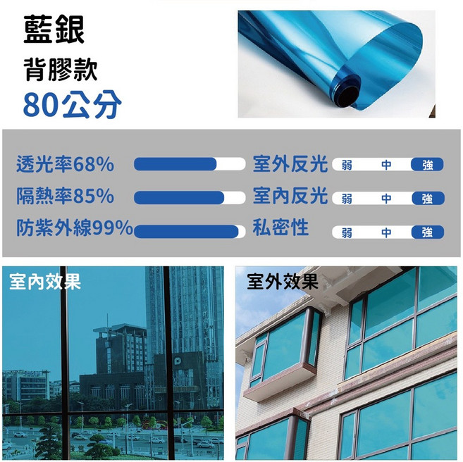 [現貨]隔熱貼 窗戶隔熱紙 隔熱紙汽車 隔熱紙窗戶 隔熱紙 玻璃隔熱紙 背膠款隔熱貼 隔熱 窗貼 60、80公分 無殘膠, 背膠款-藍銀80公分