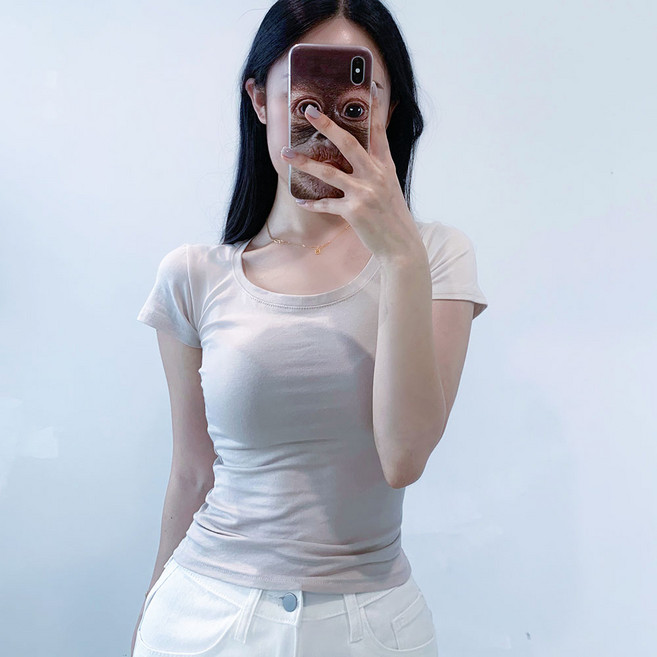 제이닝 [여리여리/슬림핏/U넥/4col] 몸매 예뻐보이는 여자 쫀득 유넥 모달 슬림핏 말라핏 여성 반팔티셔츠