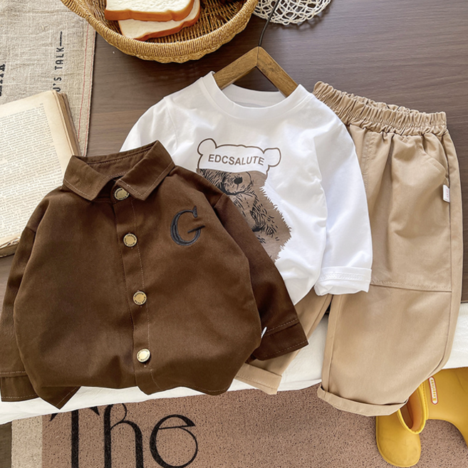 리틀밤 남아 여아 하객룩 등하원룩 곰돌이 긴팔 티셔츠 셔츠 코튼 팬츠 3종 세트