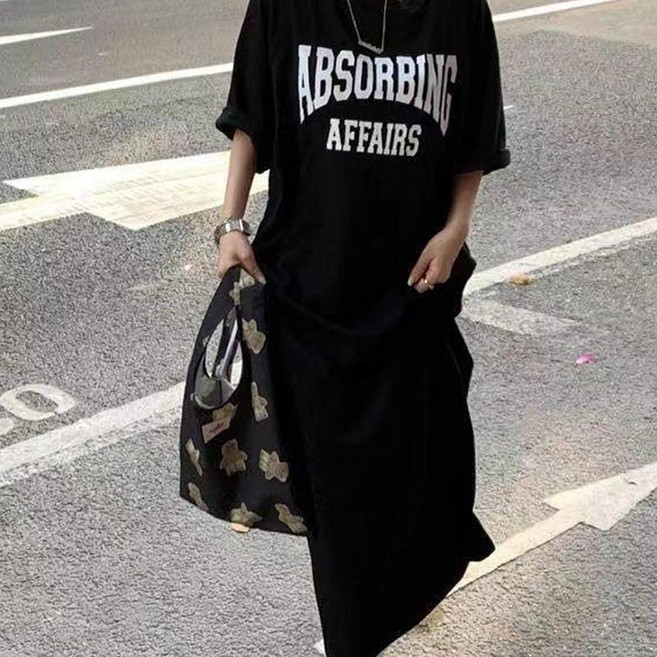 룩업 여성 데일리 레터링 반팔 라운드 롱 원피스 홈웨어 임부복 캐주얼 오버핏