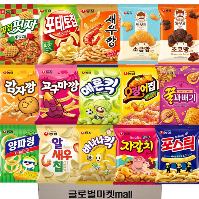 [글로벌마켓] 농심 봉지과자 15종세트 양파링+알새우칩+바나나킥+자갈치+포스틱+감자깡+고구마깡+꿀꽈배기+포테토칩+오징어집+메론킥+벌집핏자+새우깡+초코빵부장+소금빵부장, 1개