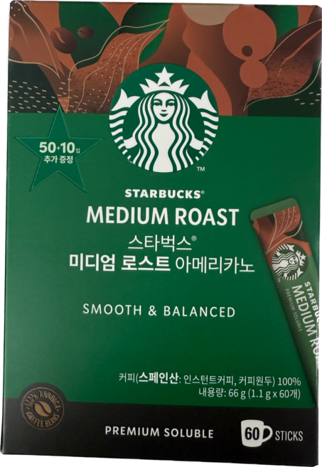 스타벅스 미디엄 로스트 아메리카노 원두커피믹스 1.1g, 11g, 60개입, 1개