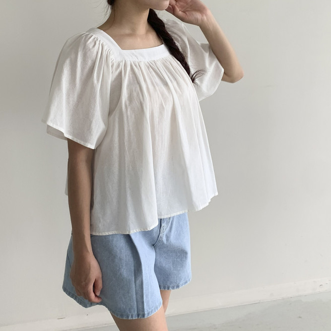 [행복여] 민트 날개 소매 스퀘어넥 플레어 반팔 린넨 블라우스