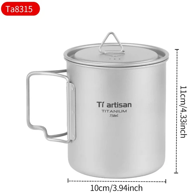 Tiartisan 350ml 컵 하이킹 식기 Fodable Handle 뚜껑이있는 커피 경량 서리로 덥은 머그잔, 03 Ta8315-750ml