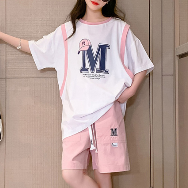 지디오 주니어 여아 반팔 상하복 세트 라운드넥 티셔츠 5부 밴딩 반바지 키즈 투피스