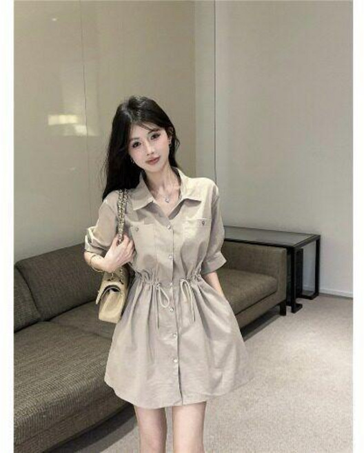 襯衫裙 復古氣質工裝 polo領抽繩收腰連衣裙 日系連衣裙, #卡其色,S 建議40.0-47.5公斤, 卡其色