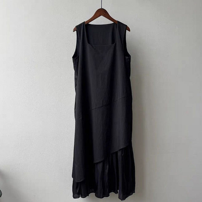 韓系氣質方領微光長洋裝 連身裙, 黑