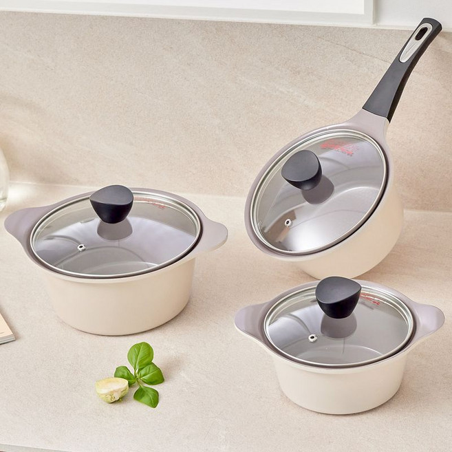 키친아트 줄리엣 세라믹 냄비 3종, 양수냄비16cm + 편수냄비18cm + 양수냄비20cm, 베이지, 1세트