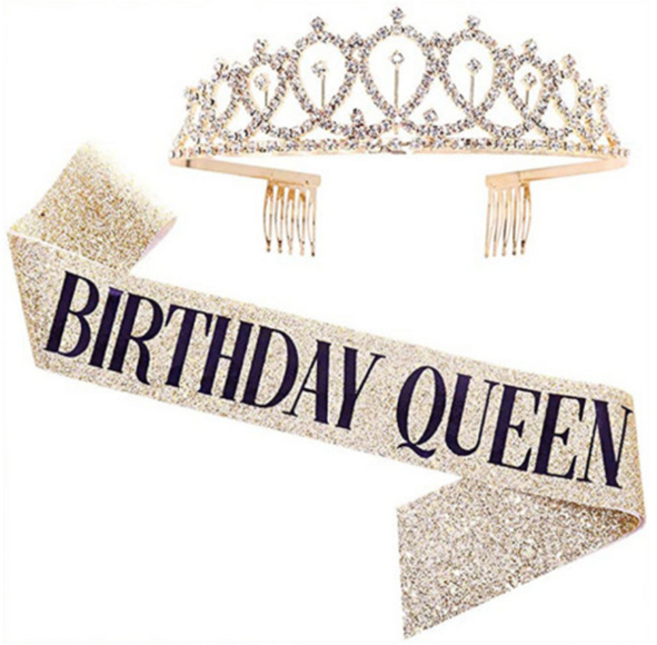 생일 어깨띠 + 티아라 왕관 머리띠 생일파티 공주세트, 1세트, 골드