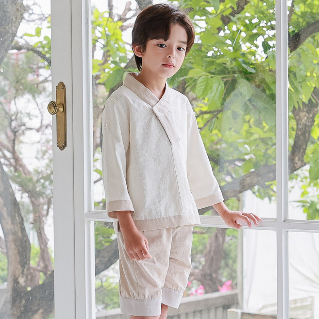 하랑한복 버들뎅이 남아 생활한복 배색 긴팔 반바지 데일리 상하의 세트