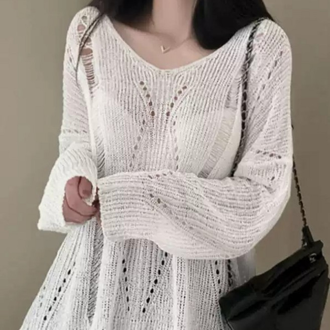 레티고 여리 시스루 간절기 오버핏 브이넥 긴팔 데미지 니트