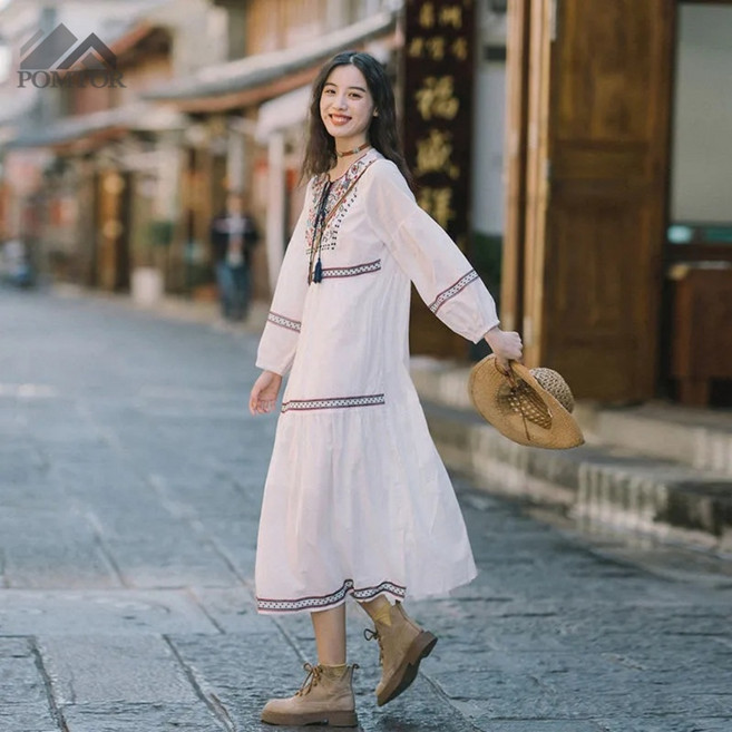 POMTOR 여성 봄가을 자수 긴팔 롱 원피스 에스닉 면 마 화이트 원피스