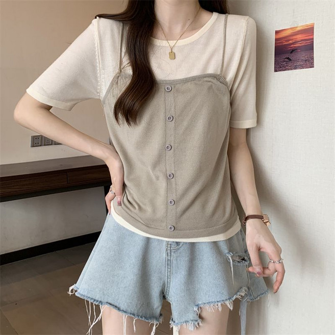 별후이 여성용 여름 빅 사이즈 페이크 투피스 니트 나시 반팔 티셔츠07fgd07LL