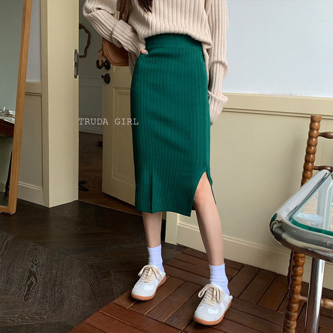 杜達女孩針織長裙 高腰彈力包臀開叉半身裙 秋冬女過膝A字裙