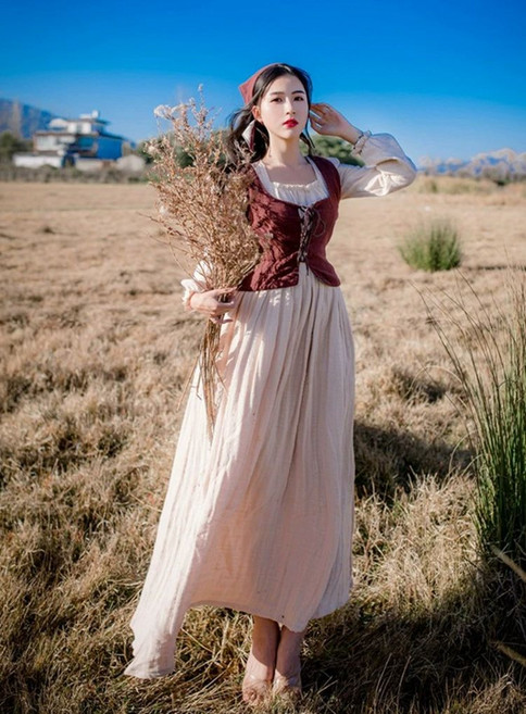 알프스소녀 원피스 중세시대 햅번 두건 코스프레 코스튬 공주풍 졸사 하이디 개화기 공연 앞치마 경성, 원피스+조끼+헤드스카프