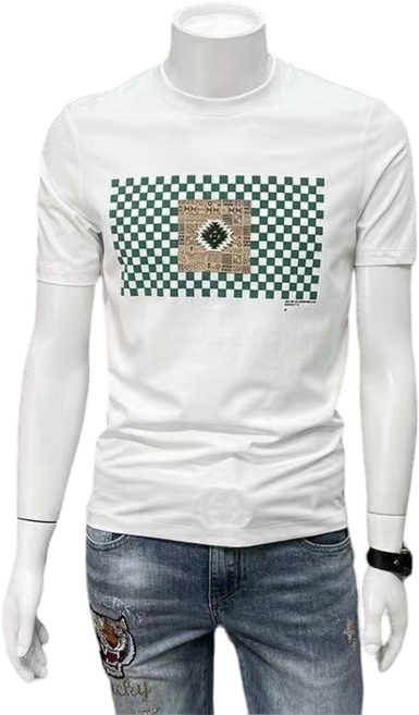 십전십미 바둑판 체크 반팔 티셔츠 남자 여름 슬림 프린트 라운드 캐주얼 티셔츠