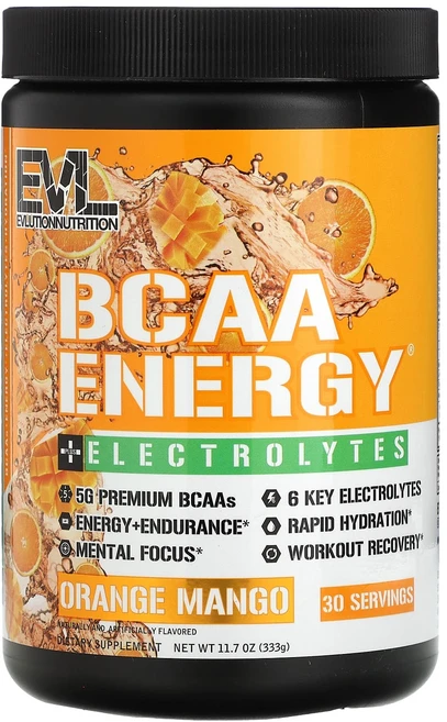 에볼루션뉴트리션 BCAA 에너지 플러스 전해질 오렌지 망고 맛 333g (11.7oz), 331g, 6개 - 쿠팡