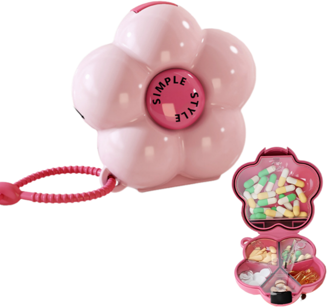 킵틸 스트랩 약통 플라워 휴대용 알약 케이스, 핑크, 1개