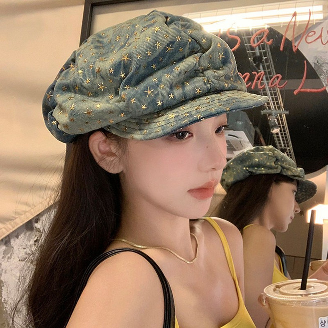 일본계 y2k 스타 빅터치 데님 베레모 여 춘추 구제 구름모자 팔각모자 패션