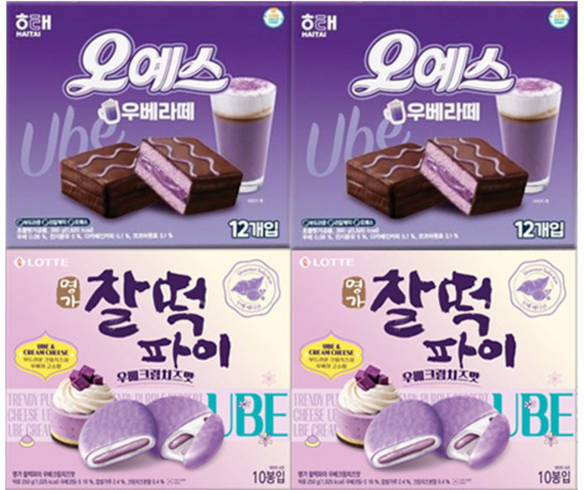 해태 오예스 우베라떼 360g+롯데 명가 찰떡파이 우베크림치즈맛 250g, 1세트, 각2개(총4개)