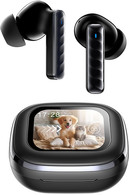 TRYSEEK 노이즈캔슬링 무선 블루투스 이어폰 터치스크린 LCD디스플레이 ANC 커널형, 블랙, T22