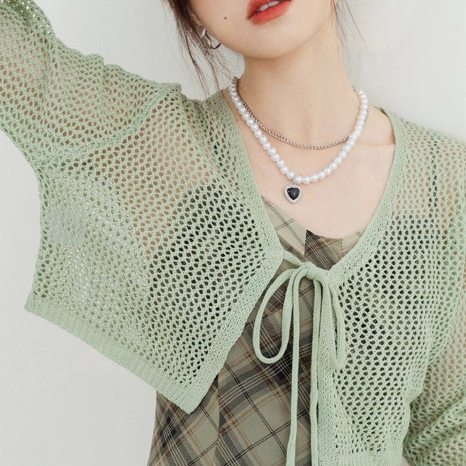 UPPERCUT 여성 망사 크롭 볼레로 여름 가디건 비키니 로브 커버업 빅사이즈 시스루 숏가디건