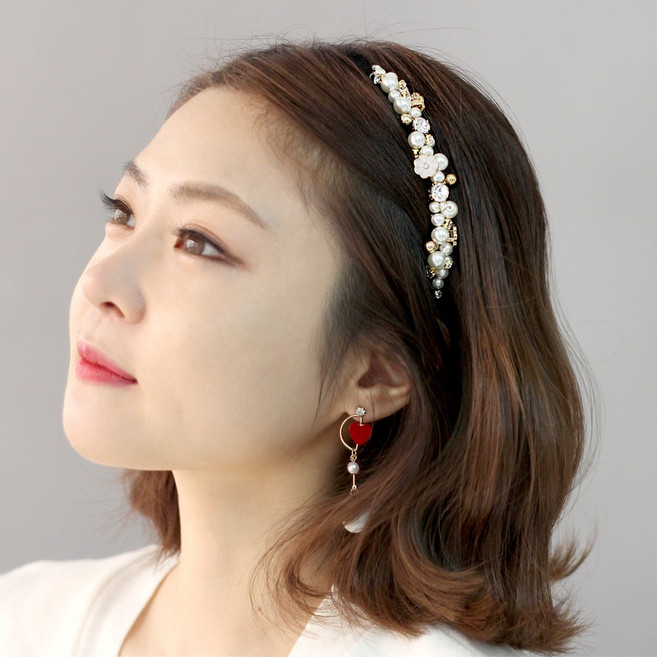 로라하 국산 고급스러운 큐빅 진주 성인 여성 머리띠 셀프웨딩 공연 연주회 헤어밴드 드미엘