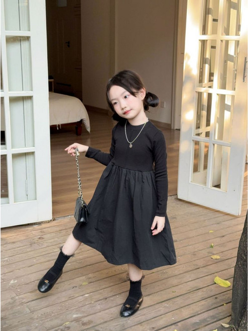 赫本風 女童黑色長袖洋裝