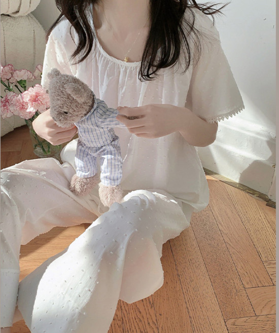퓨어엠보 반팔긴바지 투피스파자마 (코튼 100% 여름잠옷 순면 청순 홈웨어 봄 여름 가을 상하세트)