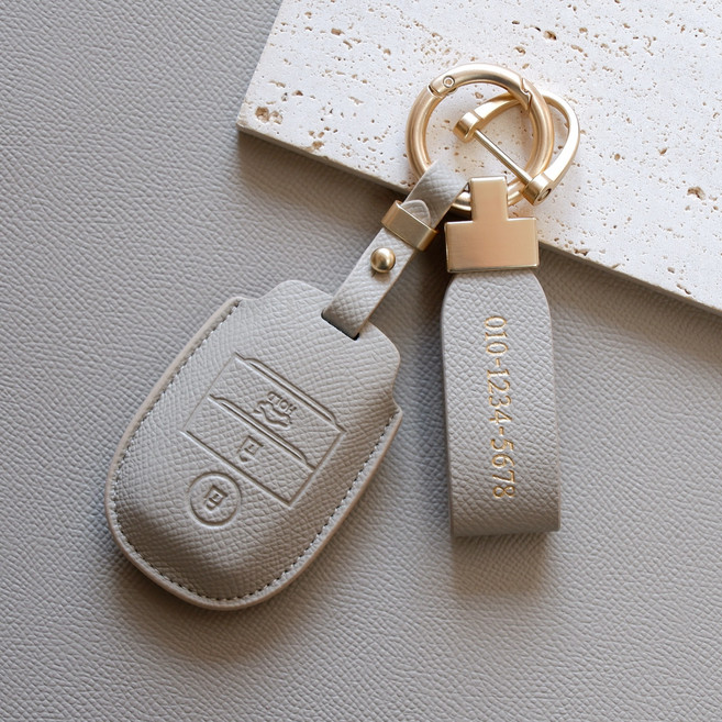 (무료각인)트니르 기아 호환 올뉴 더뉴 카렌스 K5 뉴쏘렌토 더뉴 스포티지 쏘울 니로 카니발 모닝 레이 차 키케이스 가죽 + 키링 차량용품 키홀더, 기아G타입(3버튼), 에토프그레이