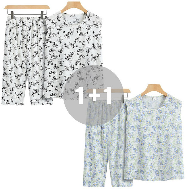 지디오 여성 민소매 잠옷 투피스 2개 세트 홈웨어 파자마 꽃무늬 나시티 밴딩 바지 여름 홈웨어