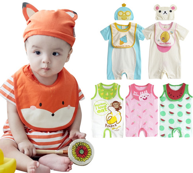 Augelute 短袖 男寶寶 女寶寶 3件套 帽子 綠猴子造型圍兜連身衣(圍兜不可拆)