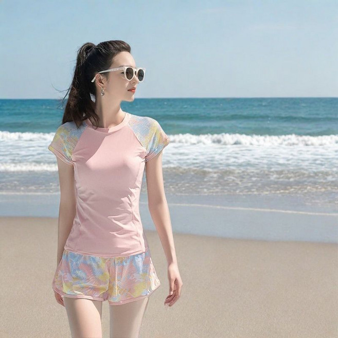 短袖分體保守泳衣 女 平角褲套裝 顯瘦遮肚 速幹 溫泉衝浪服 大碼游泳裝, 77052粉色,2XL碼建議60.0 65.0公斤