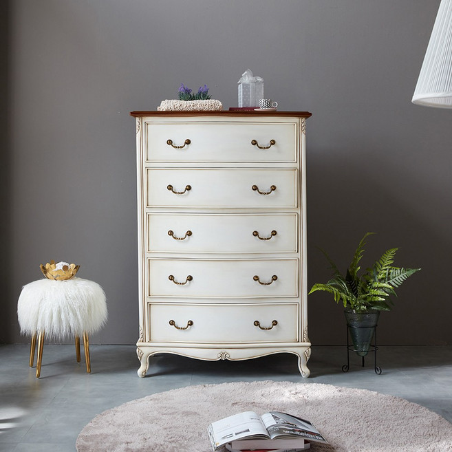 피어젠가구 벨라 프렌치 엔틱 원목 5단 서랍장 화이트