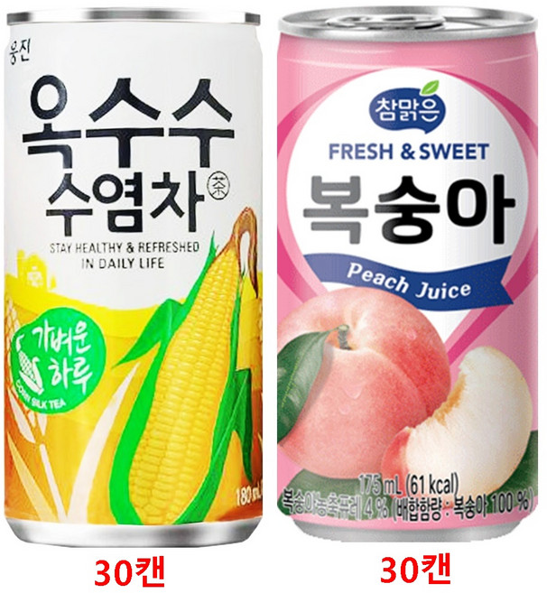 웅진옥수수수염차 180ml + 참맑은복숭아 175ml, 60개