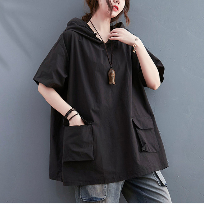 반야스토리 여성 루즈핏 오버핏 빅사이즈 프리사이즈 후드 반팔 티셔츠