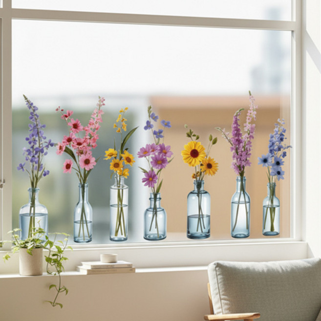 북유럽 카페 거실 주방 창문 유리병 꽃 벽 데코 인테리어 시트지 스티커 P106