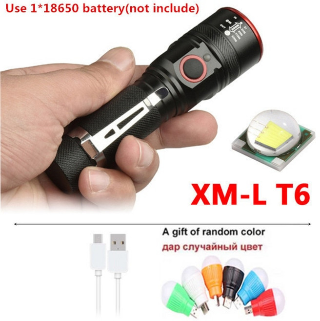 90000 루멘 XLamp 가장 강력한 LED 손전등 USB 줌 토치 xhp70 18650 충전식 배터리, 08 T6  and gift, 1개