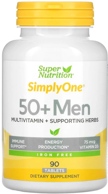 건강챙기세요 Super Nutrition SimplyOne 50세 이상 남성용 종합비타민 건강 증진 허브 함유 철분 무함유 90정 (판매가 중단된 상품) 백살까지오래오래, SuperNutritionSimplyOne50세이상남성, 1개 - 쿠팡