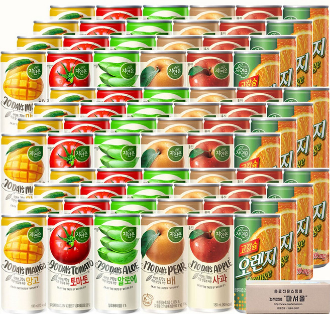 마셔몰 주스세트 자연은망고 알로에 토마토 오렌지 사과 배 6가지맛 각4캔씩, 72개, 180ml